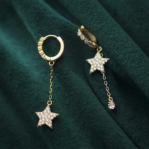 *NEW Gold Diamond Star Waterdrop Hoop Earrings - Picture 6 of 8
